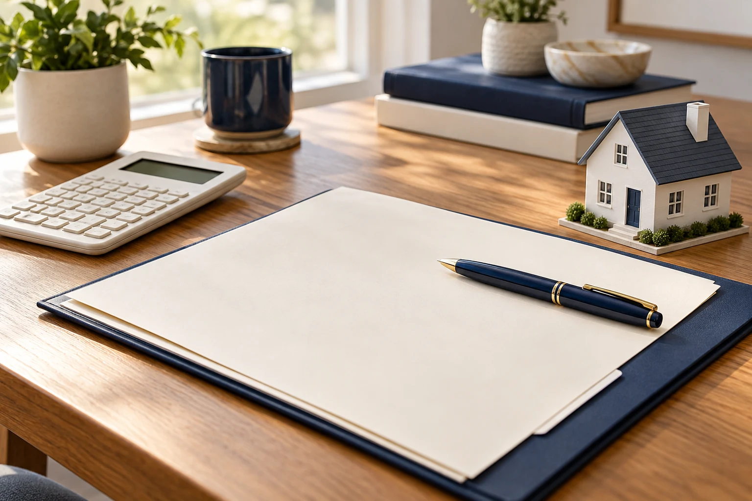 A mortgage planning desk with a folder, pen, calculator, and model home